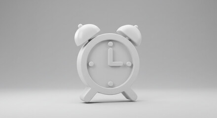 Aufkleber - A minimalistic white alarm clock with bells on top against a light gray background in studio shot