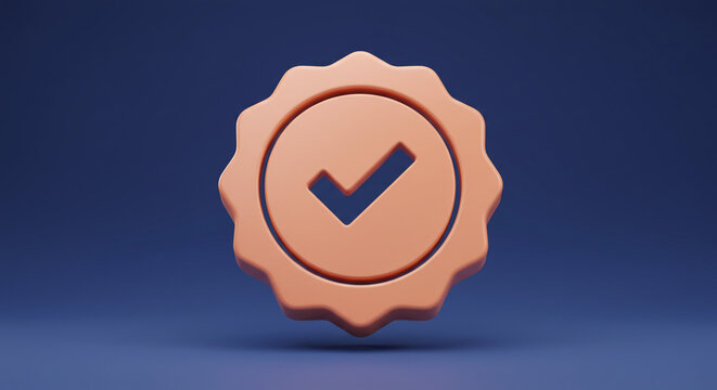 A peach colored check mark inside of a scalloped circle on a dark blue background in a rendered image