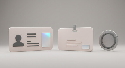 Leinwandbilder - A minimalist rendering of two id cards and a round object on a neutral background in soft lighting