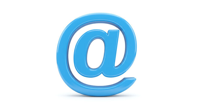 A close up of a glossy light blue at symbol on a white background in a studio shot rendering