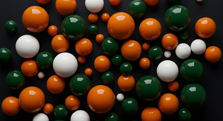 Poster - A captivating arrangement of glossy spheres in vibrant green, orange, and white hues scattered across a sleek, dark surface, evoking a playful yet sophisticated aesthetic