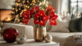 Festive Christmas arrangement of vibrant red amaryllis flowers in a gold vase, alongside Christmas ornaments on a table in front of a decorated Christmas tree