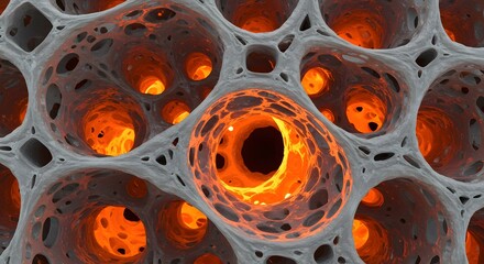 Poster - Abstract intricate network with glowing orange hollows creates a fascinating, otherworldly visual experience, presenting a blend of mystery and beauty