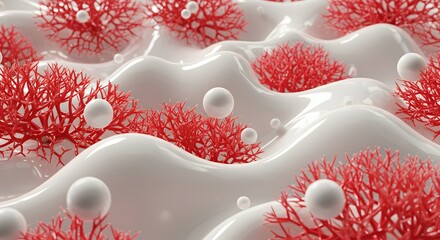 Poster - Artistic Rendering of Coral-like Structures and Spheres on a Glossy White Surface in a Visually Striking and Elegant Composition