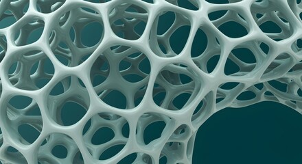 Poster - Intricate cellular structure in pale cyan, presenting a complex interconnected network, conveying biological and technological themes