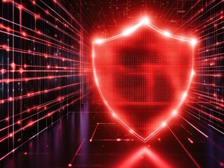 Poster - Glowing red digital shield with data streams and lines against a dark background symbolizing network protection and security abstract.