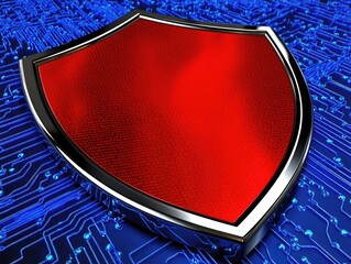 Poster - a glossy red shield with silver trim rests on a vibrant blue circuit board background representing s