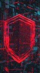Poster - Red illuminated shield graphic against a dark digital background highlighting cyber security concept with data lines and glowing elements.