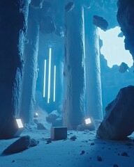 Poster - Abstract Blue Interior Scene With Geometric Elements and Glowing Lights