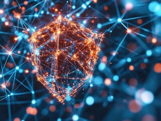 Poster - abstract digital representation of a glowing cube composed of interconnected light particles set aga
