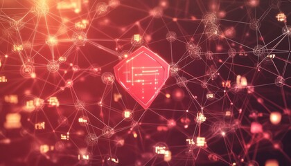 Poster - abstract red network with connected nodes and glowing dots emphasizing data transfer. the central re