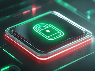 Poster - close-up of illuminated security icon with glowing lock on a dark circuit board. the image shows dig