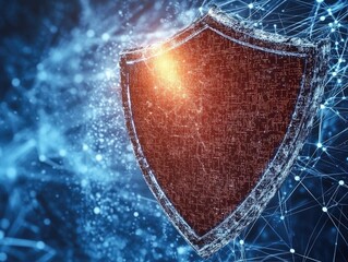 Poster - abstract representation of cybersecurity featuring a glowing shield against a network backdrop sugge