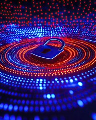 Poster - digital padlock with glowing concentric circles symbolizing data security and protection in a tech-f