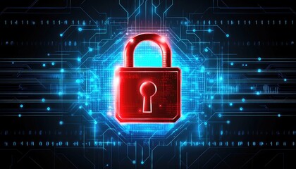 Poster - digital security concept with a glowing red padlock symbol set against a blue background representin