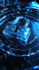 Poster - digital padlock illuminated in blue with data streams and a blurred background. represents security 