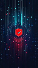 Poster - Abstract digital shield with a checkmark signifying security and protection against a dark blue and red backdrop showcasing digital data streams and particles.