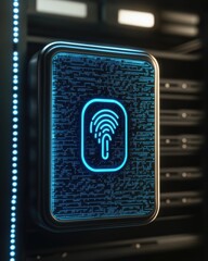 Poster - close up of a glowing blue digital fingerprint scanner on a dark server rack. the scanner is rectang