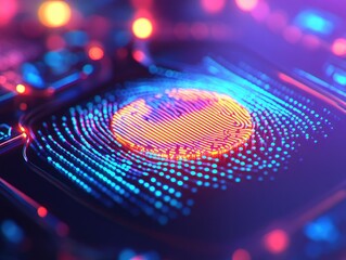 Poster - Close-up view of a glowing digital fingerprint on a circuit board with neon lights and blurred bokeh effect showcasing futuristic technology and data security.