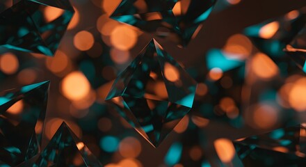 Poster - Abstract rendering featuring floating diamond-shaped polygons against an out-of-focus bokeh backdrop, exuding sophistication and visual allure