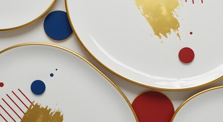 Poster - Elegant composition featuring minimalist plates adorned with golden strokes and vibrant circular accents, evoking sophistication and contemporary artistry