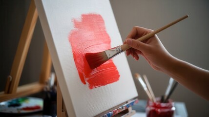 Poster - Capturing the creation of a vivid red artwork on a pristine white canvas