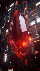 Poster - Glowing red crystal suspended against a futuristic dark gray and black metallic background. The crystal is the focal point emitting bright red light surrounded by complex architectural details