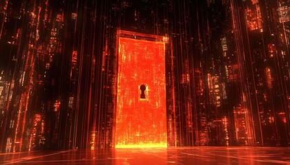 Poster - Abstract digital art showcasing a glowing red door, surrounded by sparkling particles. The composition evokes a sense of mystery and technological immersion within a dark environment.