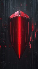 Poster - Vertical composition featuring a glowing red geometric shield-like object with a vertical light beam set against a dark, textured technological background with red highlights.