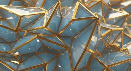 Poster - A stunning crystalline pattern of blue polyhedrons with gold trim evokes elegance and sophistication, creating a captivating abstract art visual experience