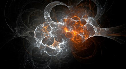 Poster - Captivating abstract artwork showcasing vibrant orange bursts intertwined with ethereal white tendrils against a stark black expanse