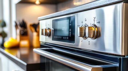 Poster - Microwave oven with child-lock button highlighted beside shiny surface and handle