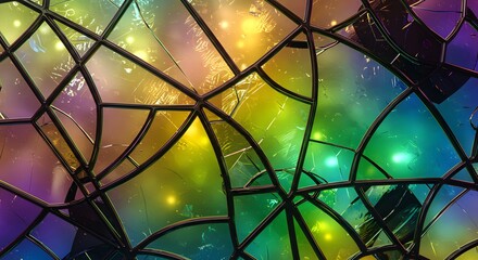 Poster - Complex Spectrum: Abstract Stained Glass Composition with Geometric Framework, Illuminating Colors and Fragmented Textures, Creating a Captivating Visual Experience