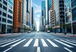 © Bamphen - Empty city street, zebra crossing bisects road between towering skyscrapers,  texture,  architectural photography