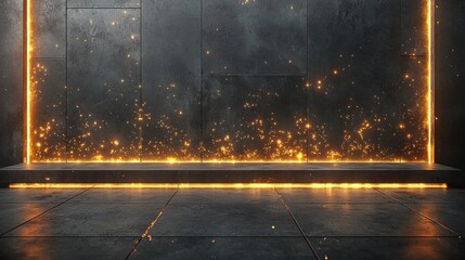Poster - Sparkling Golden Frame on Dark Textured Wall in Studio Environment