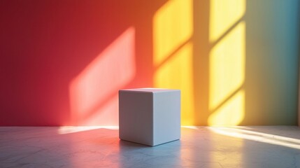 Poster - Minimalistic White Cube in Vibrant Colorful Background Light