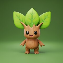 Poster - Charming Tree Character with Leaf Crown on Green Background 3D Rendered Animation