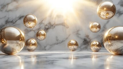 Poster - Floating Golden Spheres on Marble Surface with Radiant Light Effects