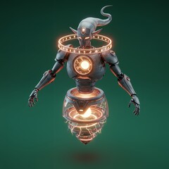 Poster - Futuristic Robot with Glowing Neon Accents on Green Background Artificial Intelligence Concept