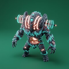 Aufkleber - Gray Stone Monster with Glowing Neon Details in Three Dimensional Render with Artificial Intelligence on Green Background