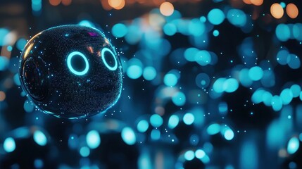 Fototapete - Futuristic Robot with Glowing Eyes in a Digital Environment