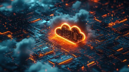 Fototapete - Digital Cloud in Abstract Data Environment with Neon Effects