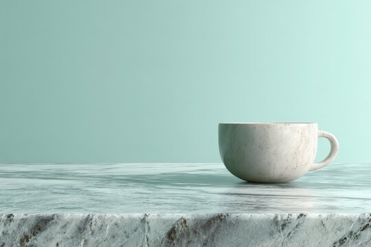 Empty white coffee cup on a marble surface.