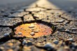 © Guy - Broken Asphalt and Reflection: Close-up shot of weathered road asphalt cracked, featuring a puddle of water that reflects the golden hues of the sunset.