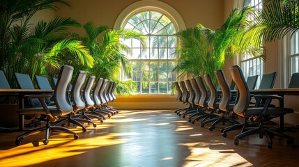 Poster - Bright and peaceful workspace with rows of ergonomic chairs and vibrant areca palms beneath elegant arched window light