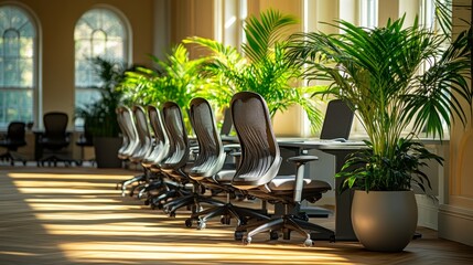 Poster - Bright and peaceful workspace with rows of ergonomic chairs and vibrant areca palms beneath elegant arched window light