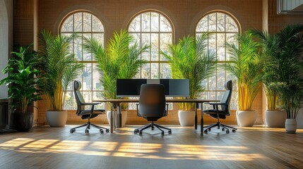 Poster - Bright office setup with natural light flooding through arched windows, lush areca palms lining the space behind sleek office chairs
