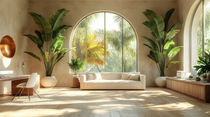 Poster - Contemporary workspace with soft neutrals, tall leafy palms, and sunlight filtering through elegant arched windows