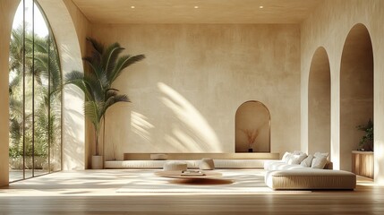 Poster - Contemporary workspace with soft neutrals, tall leafy palms, and sunlight filtering through elegant arched windows