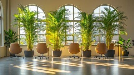Poster - Modern workspace with a row of tall areca palms behind ergonomic chairs, framed by large arched windows streaming in daylight